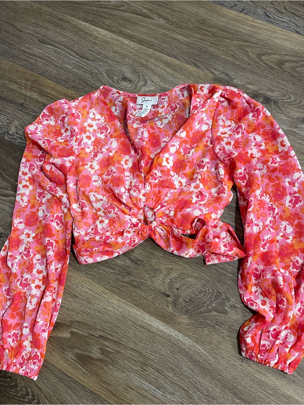 Joie Coral Pink Floral Twist-Front Long Sleeve Crop Top